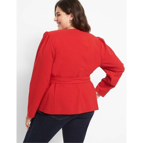 Lane Bryant Size 16 Perfect Drape Belted Puff Sleeve Blazer Red Office Chic NWT - Picture 2 of 12